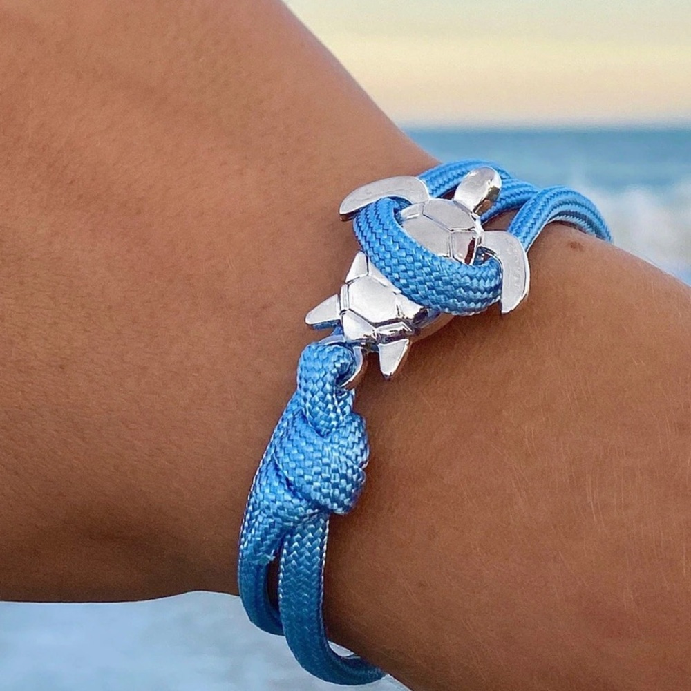 LAST 1 ‼️ NWT 🐢🏝 ECO-FRIENDLY SILVER SEA TURTLE SKY BLUE STRETCH ROPE BRACELET